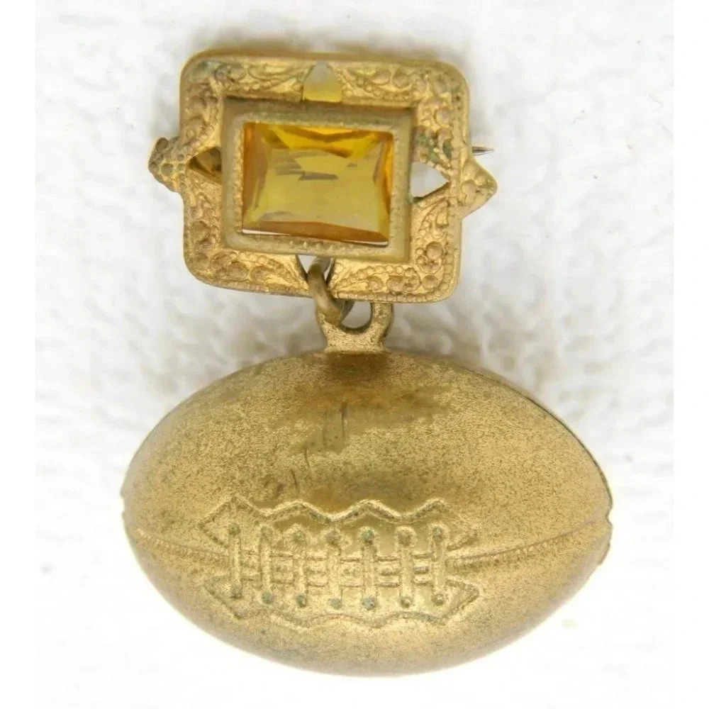 VTG Antique Gold Tone Topaz Rhinestone Football Dangle Pin Brooch C Clasp